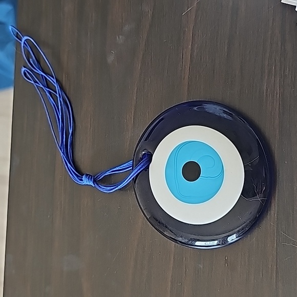 Glass Blue Evil Eye Wall Hanging Ornament w Ropes. - Picture 2 of 2